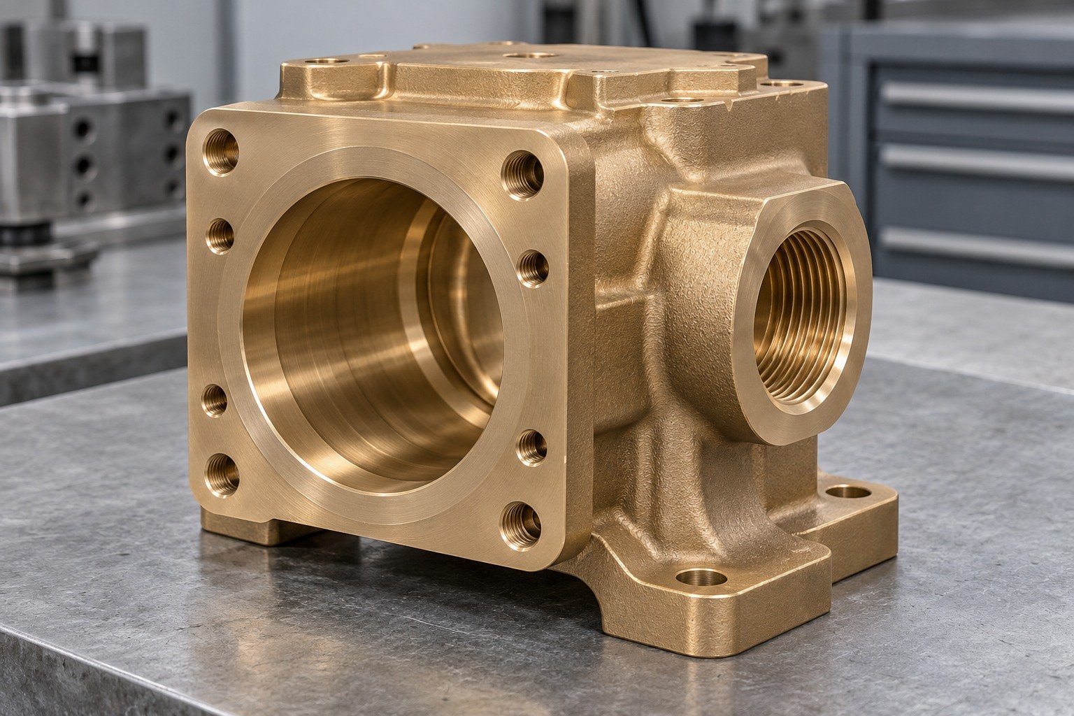 Specified port thread on nickel-aluminum bronze pump-block concept — illustrative generated component concept