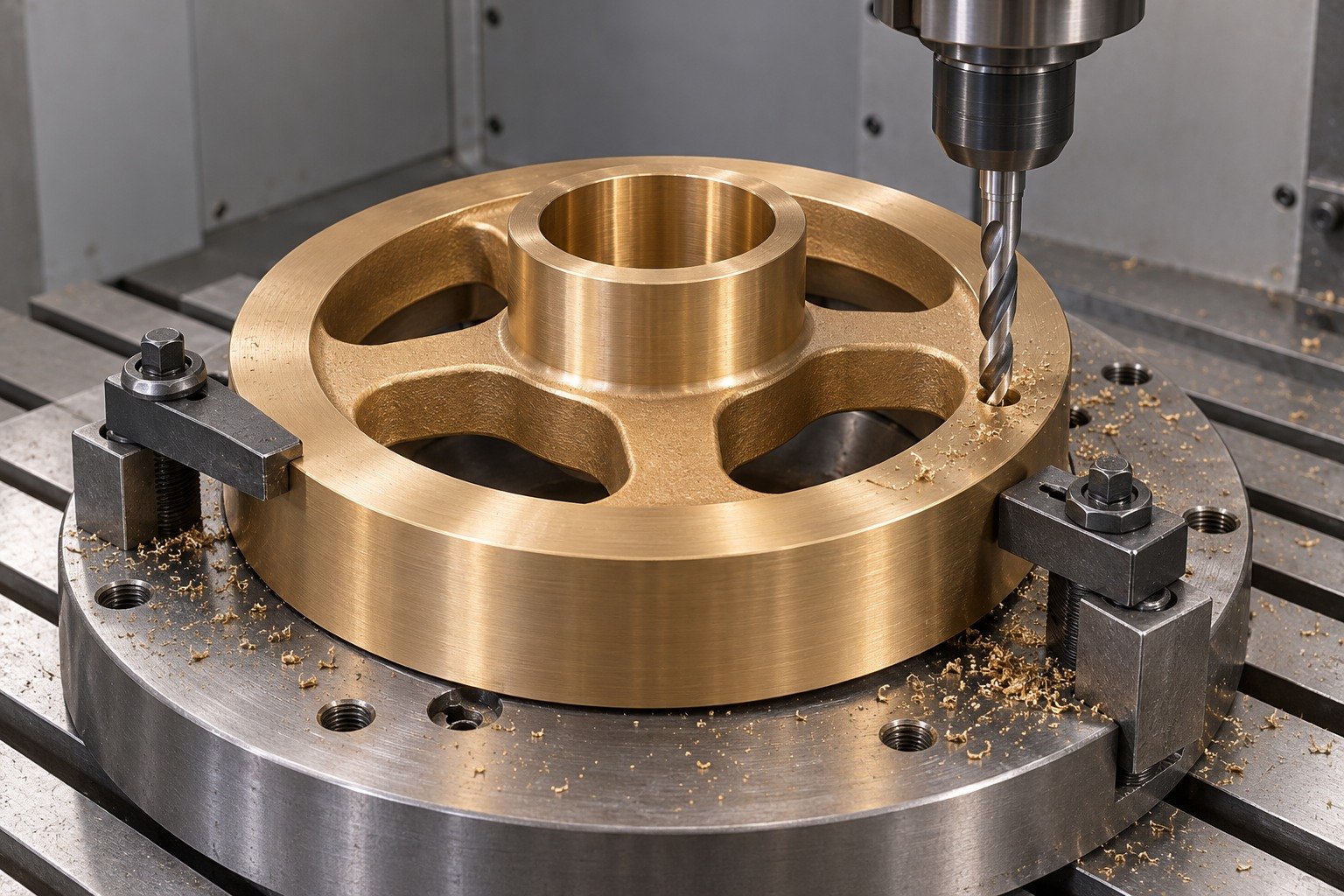 Drilling a supported webbed nickel-aluminum bronze gear blank — illustrative generated component concept