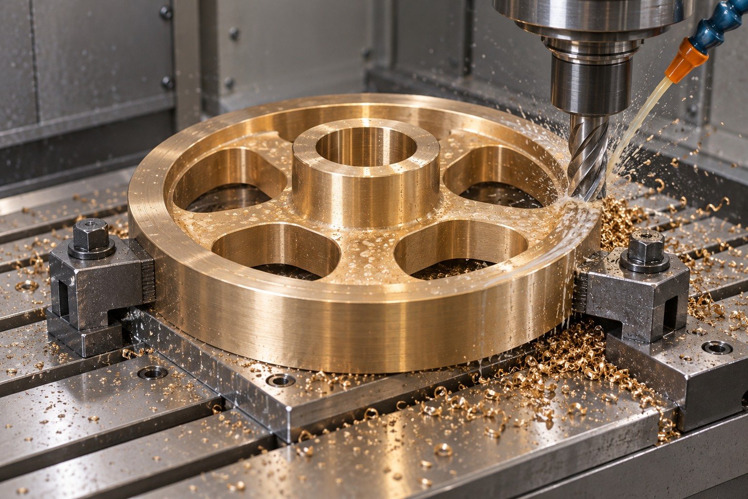 Nickel-aluminum bronze webbed gear blank supported machining — illustrative generated component concept