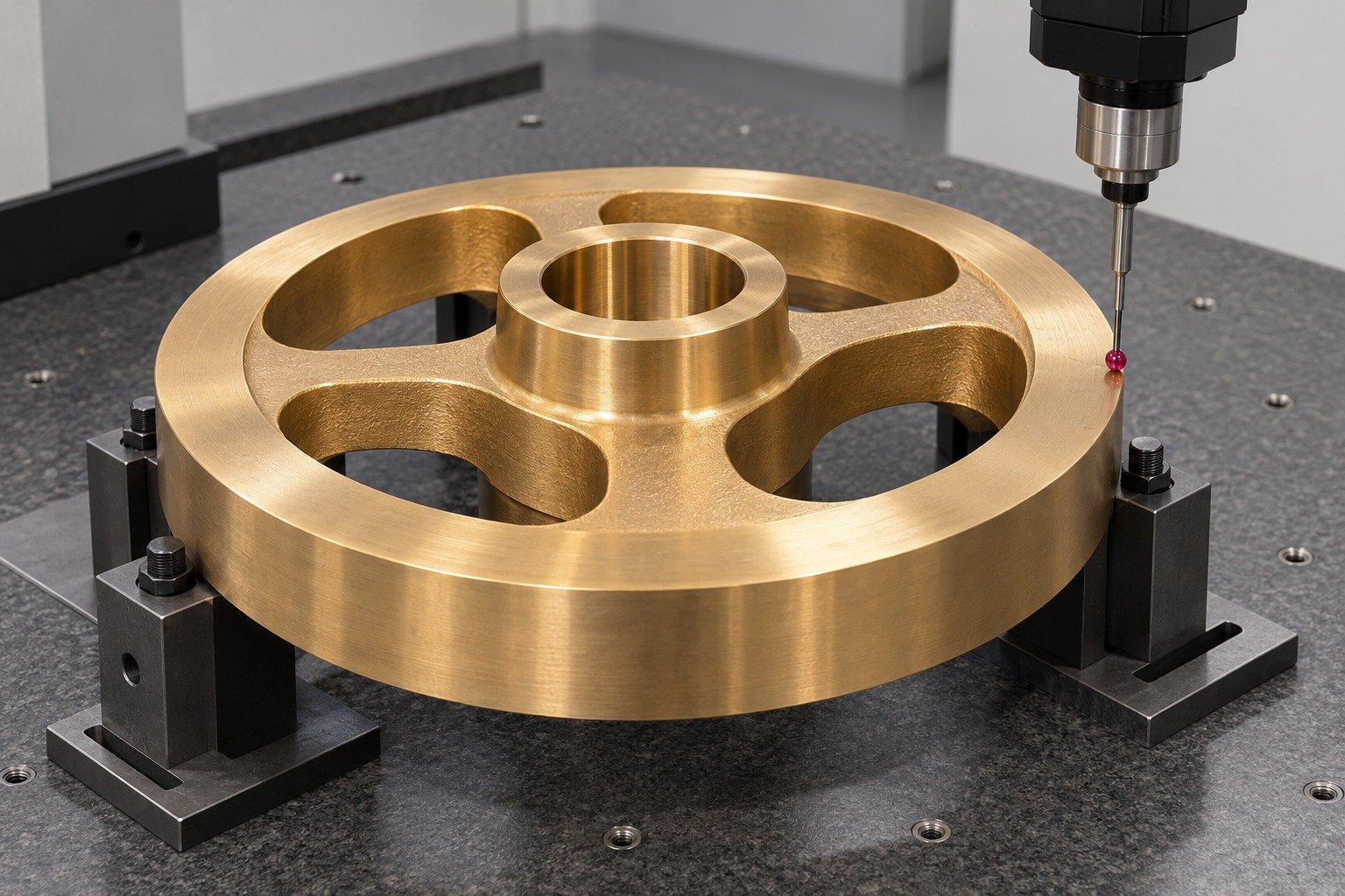 Nickel-aluminum bronze webbed gear blank exterior datum inspection — illustrative generated component concept