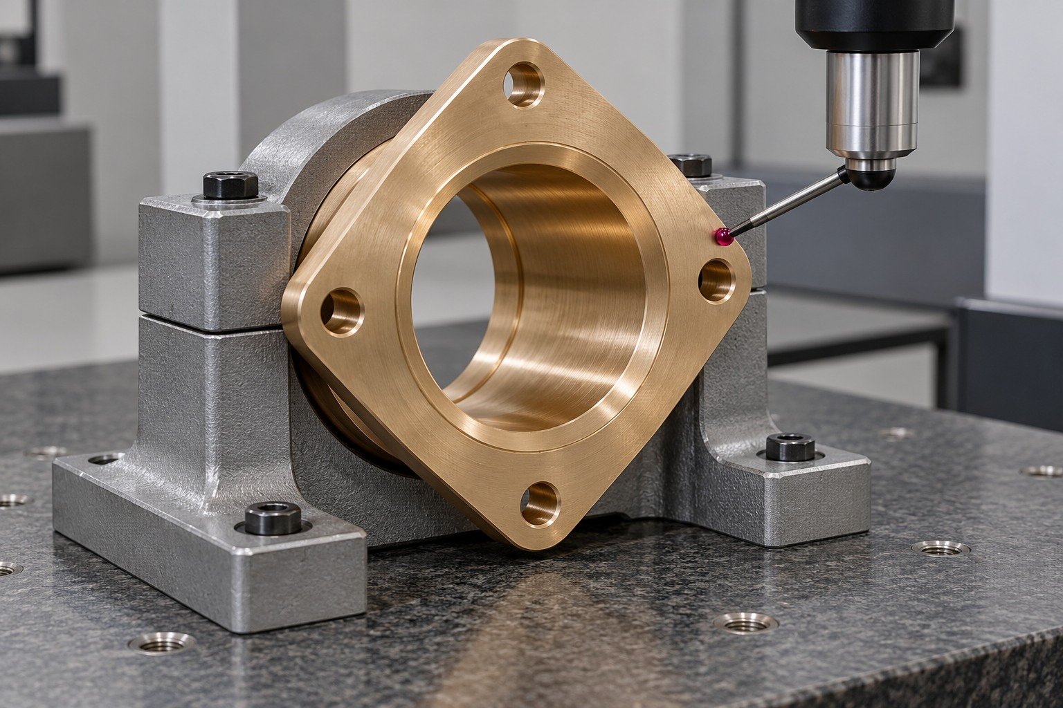 Nickel-aluminum bronze bushing installed-state datum concept — illustrative generated component concept