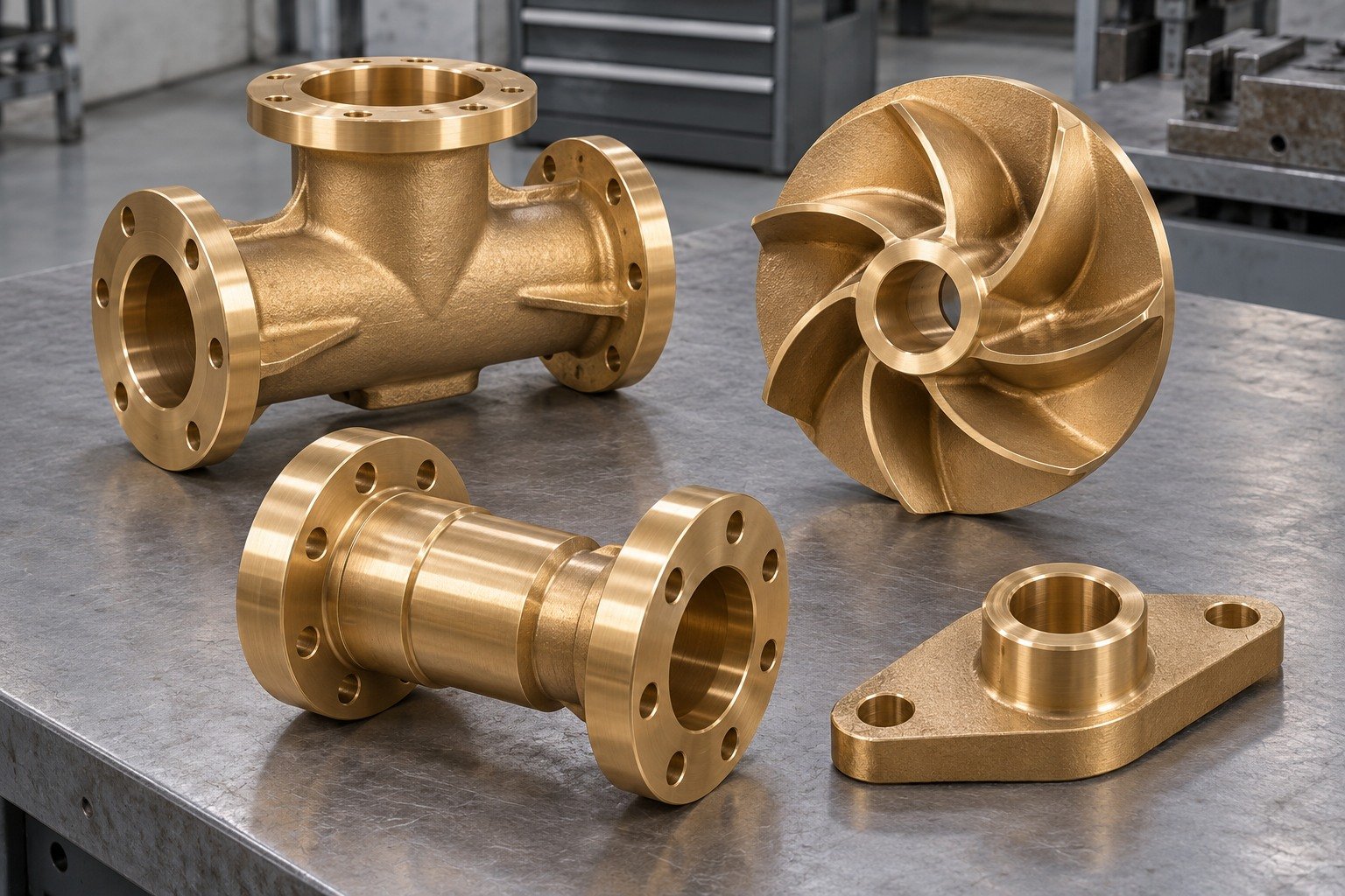 Nickel-aluminum bronze valve body, pump impeller, marine hub and bushing concepts — illustrative generated component concept