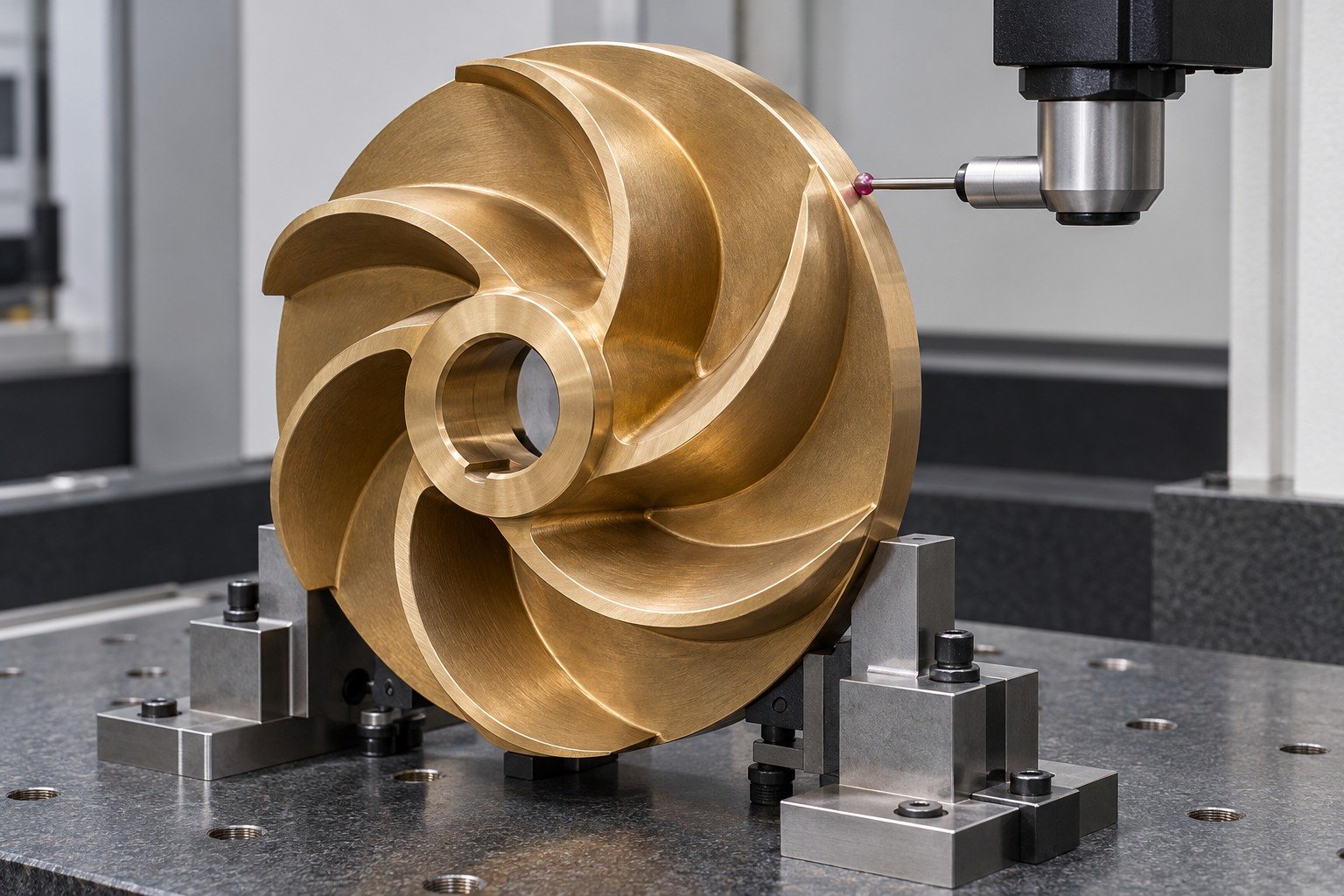 Nickel-aluminum bronze pump-impeller exterior-feature inspection — illustrative generated component concept