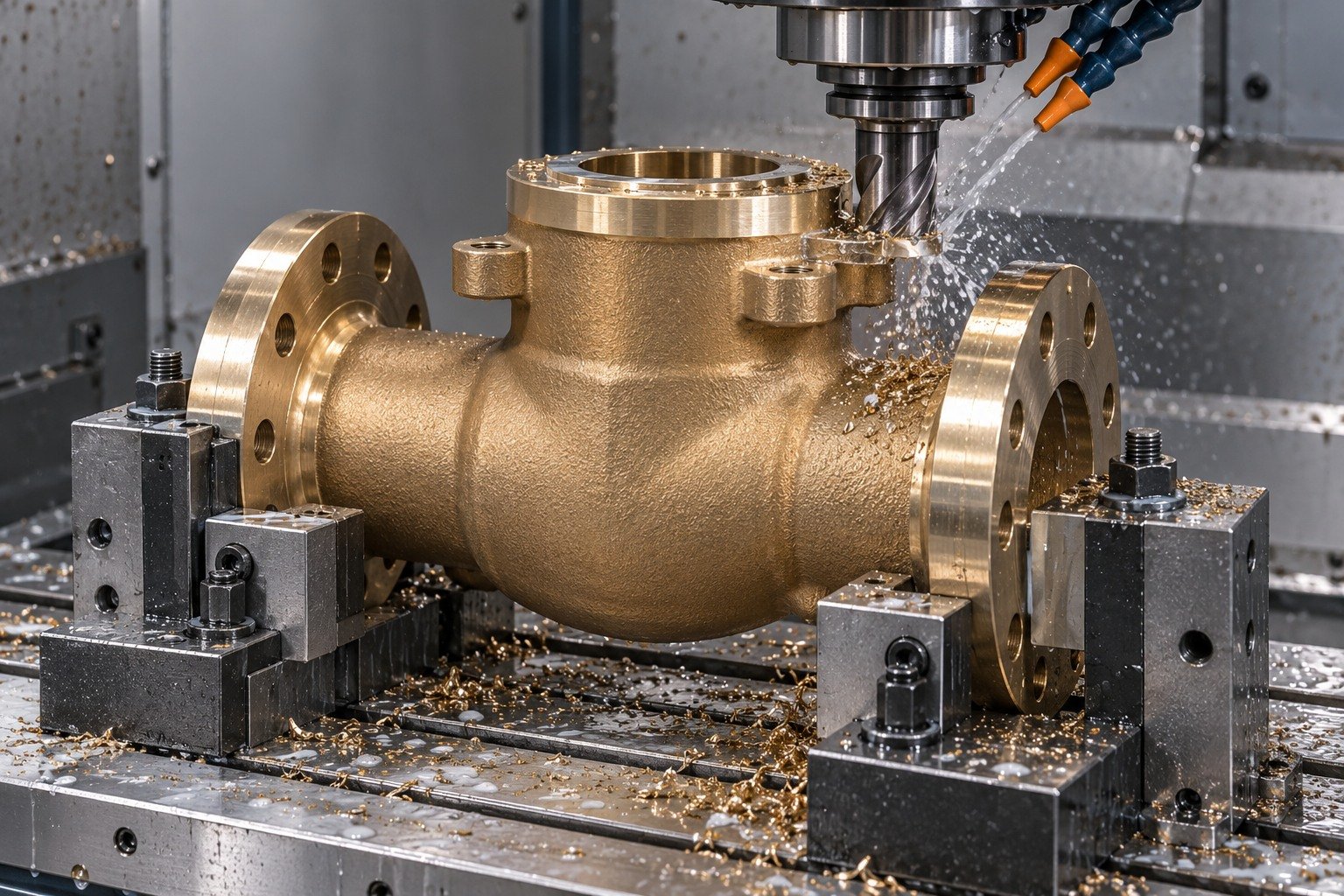 Milling a nickel-aluminum bronze valve-body datum — illustrative generated component concept