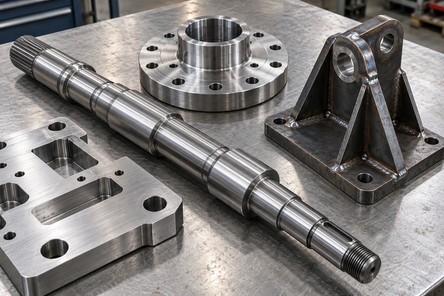 Machined carbon steel shaft, flange, plate and welded bracket — illustrative component concept