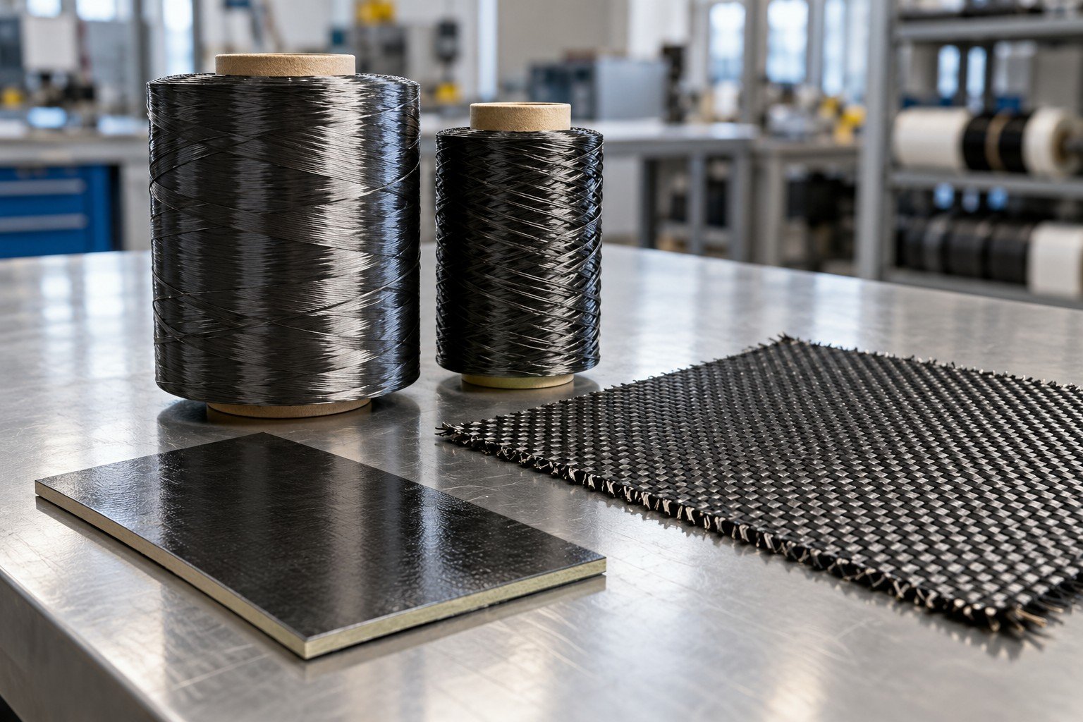Carbon fiber tow and fabric sample concepts — illustrative generated concept