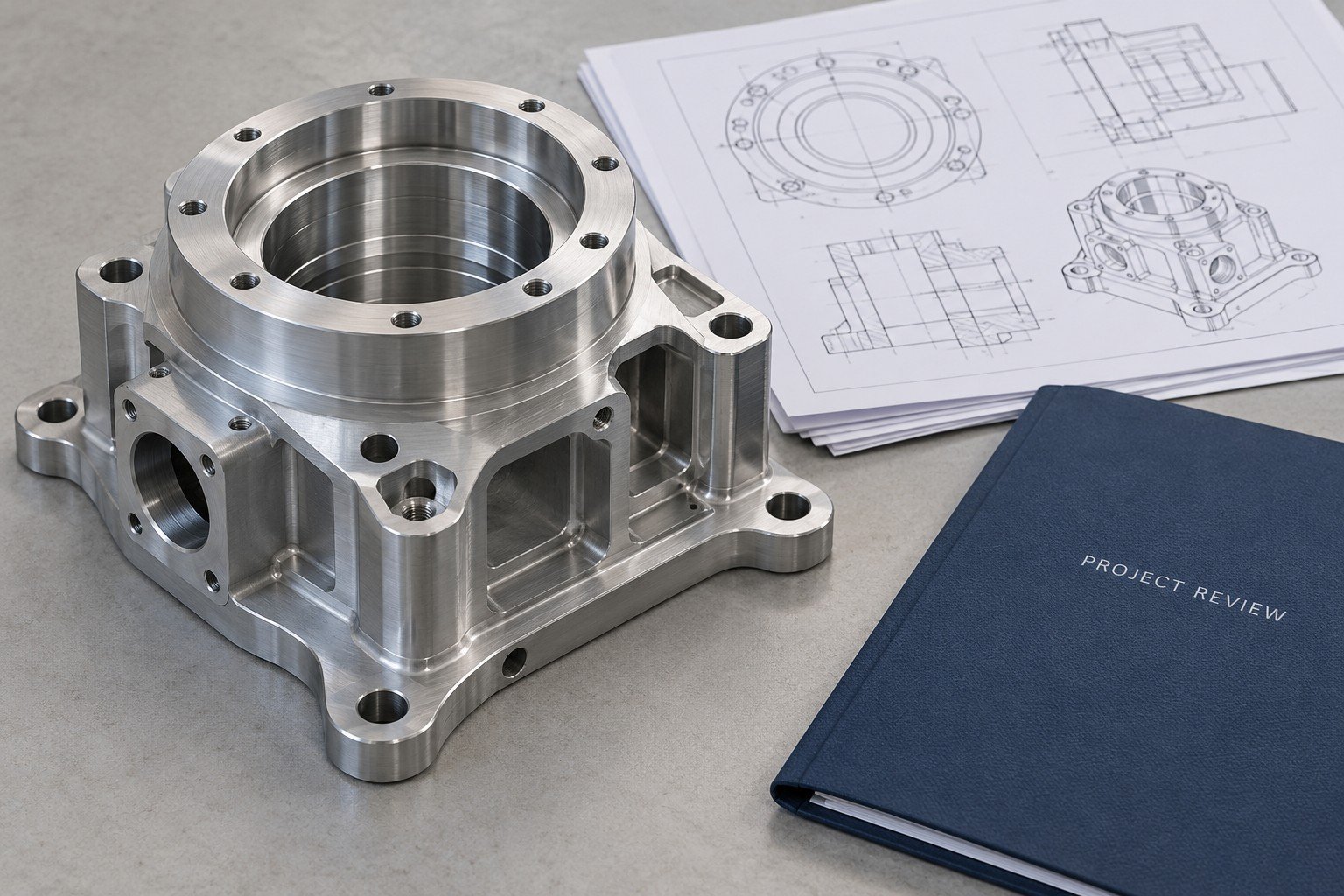 Illustrative manufacturing project coordination concept with a machined housing and project drawings;not actual customer parts