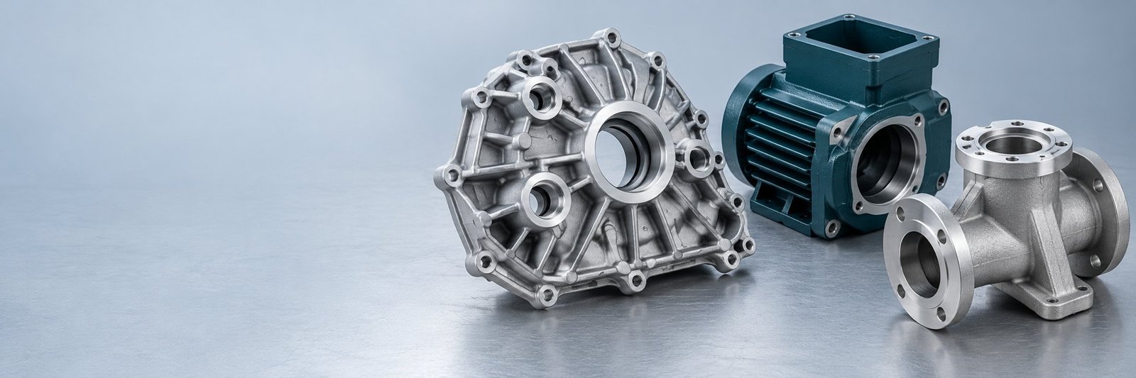 Illustrative cast aluminum gearbox cover, teal housing and flanged valve body