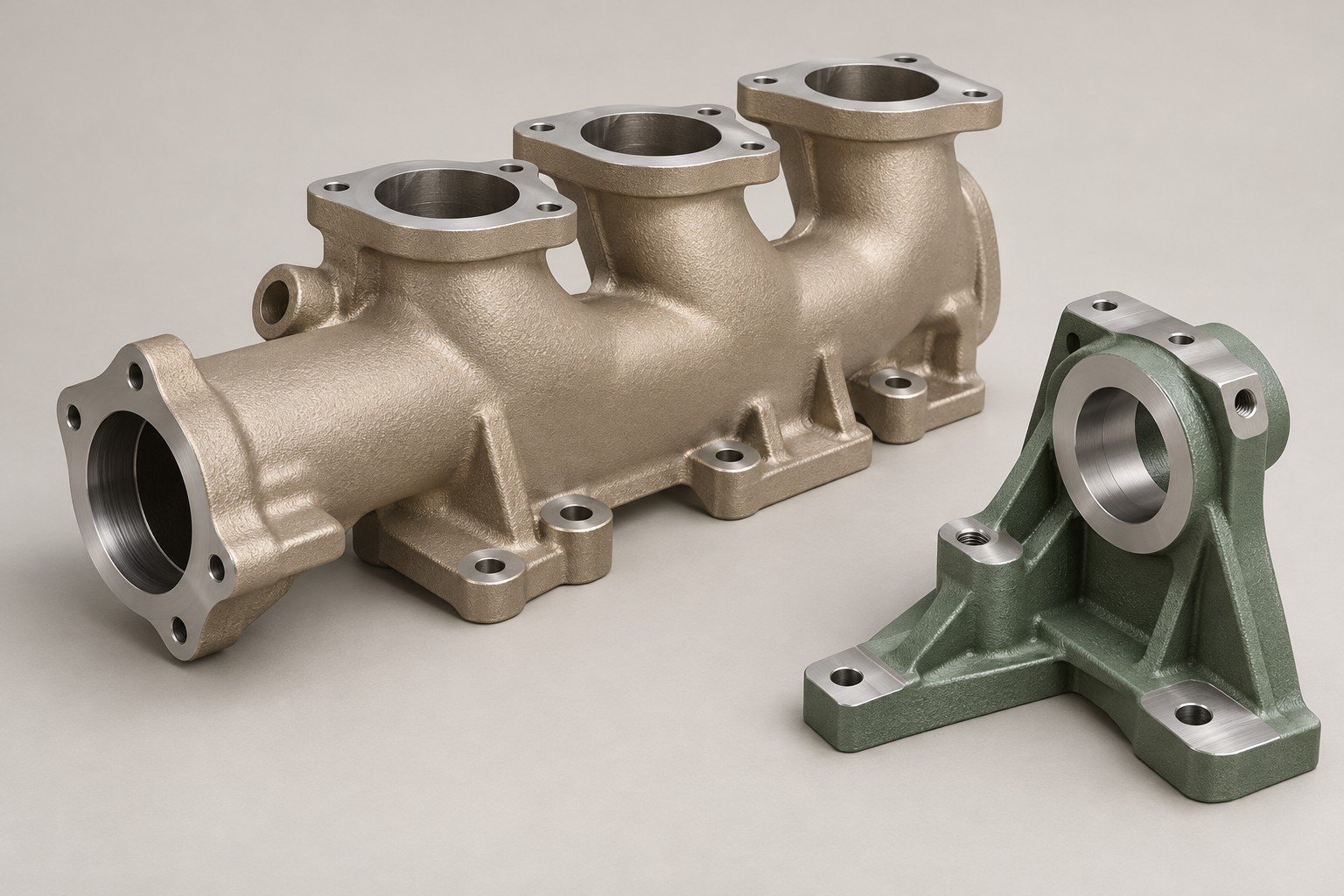 Bronze-coated cast manifold and green cast bracket with bare machined interfaces — illustrative other aluminum casting alloys component concept