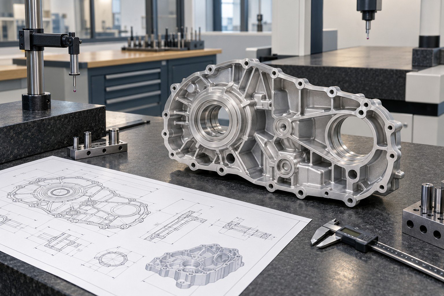 Unique aluminum gearbox cover and blank controlled drawing on planning desk