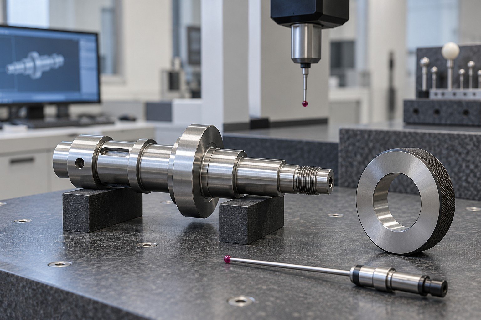 Small steel stepped shaft with ring gauge and CMM stylus separately arranged