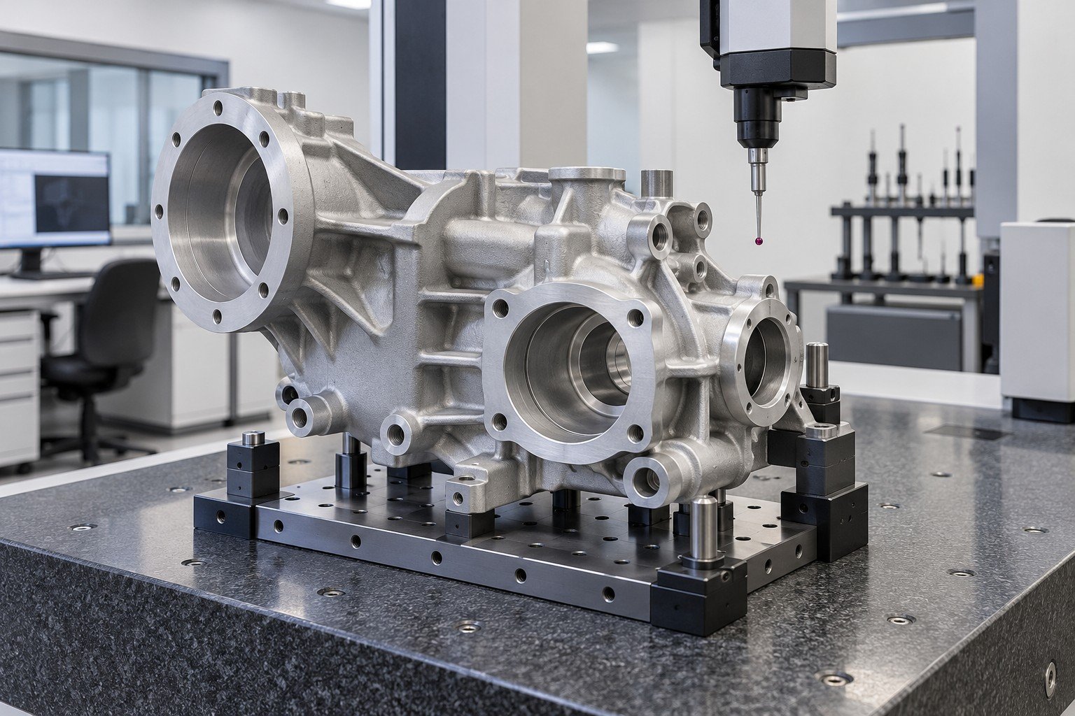 Open cast aluminum pump housing located on granite fixture with wide probe clearance