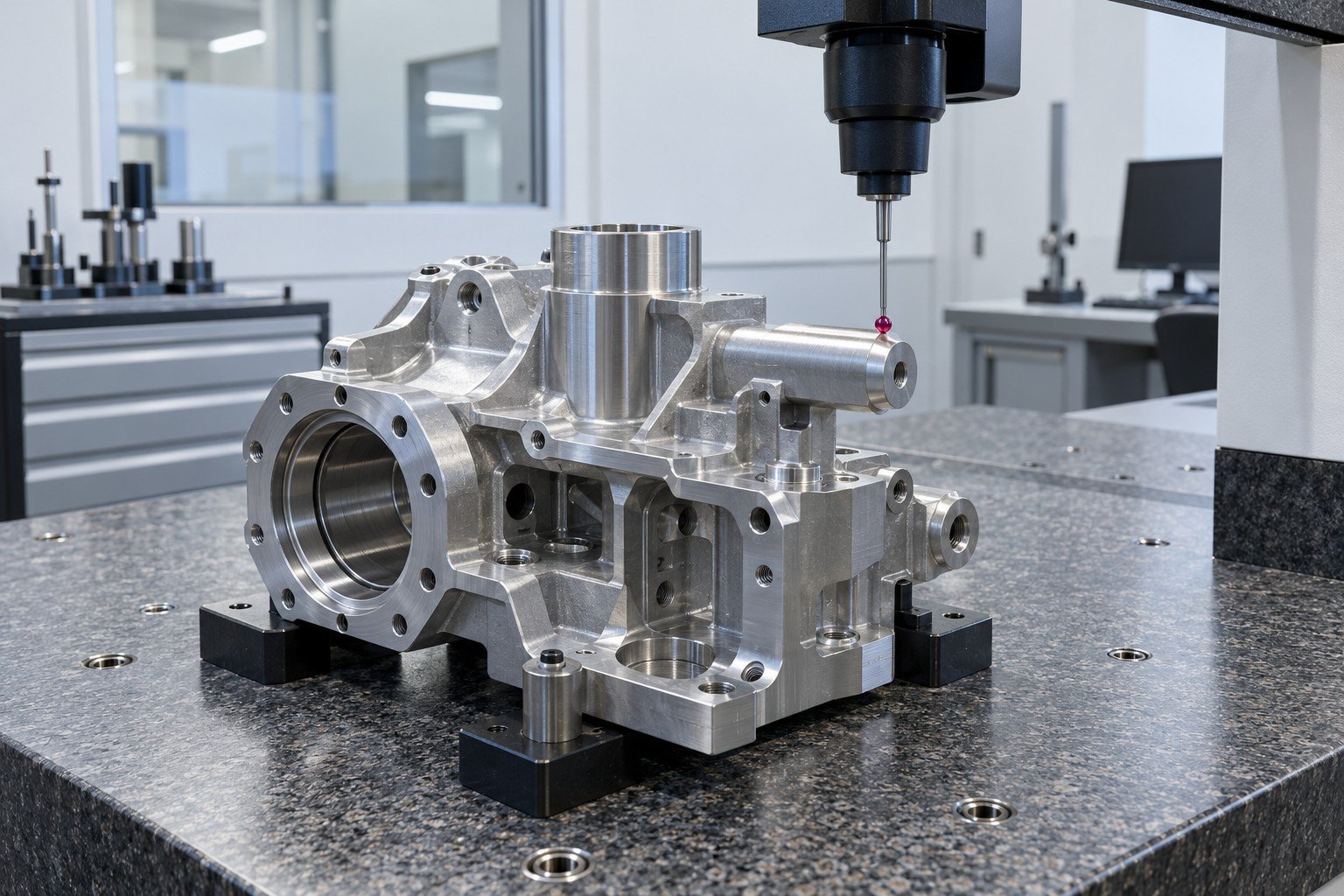 Ruby probe touching a machined block accessible horizontal boss, realistic single contact point