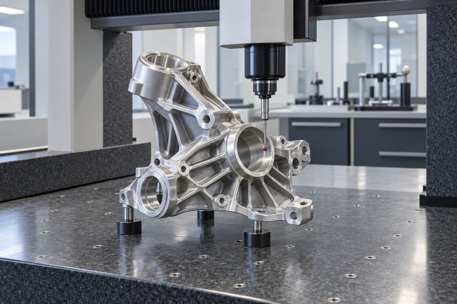 Bridge coordinate measuring machine with slender ruby stylus aligned to an accessible bore of a unique ribbed aluminum bearing carrier held on three low supports on granite, clear contact geometry
