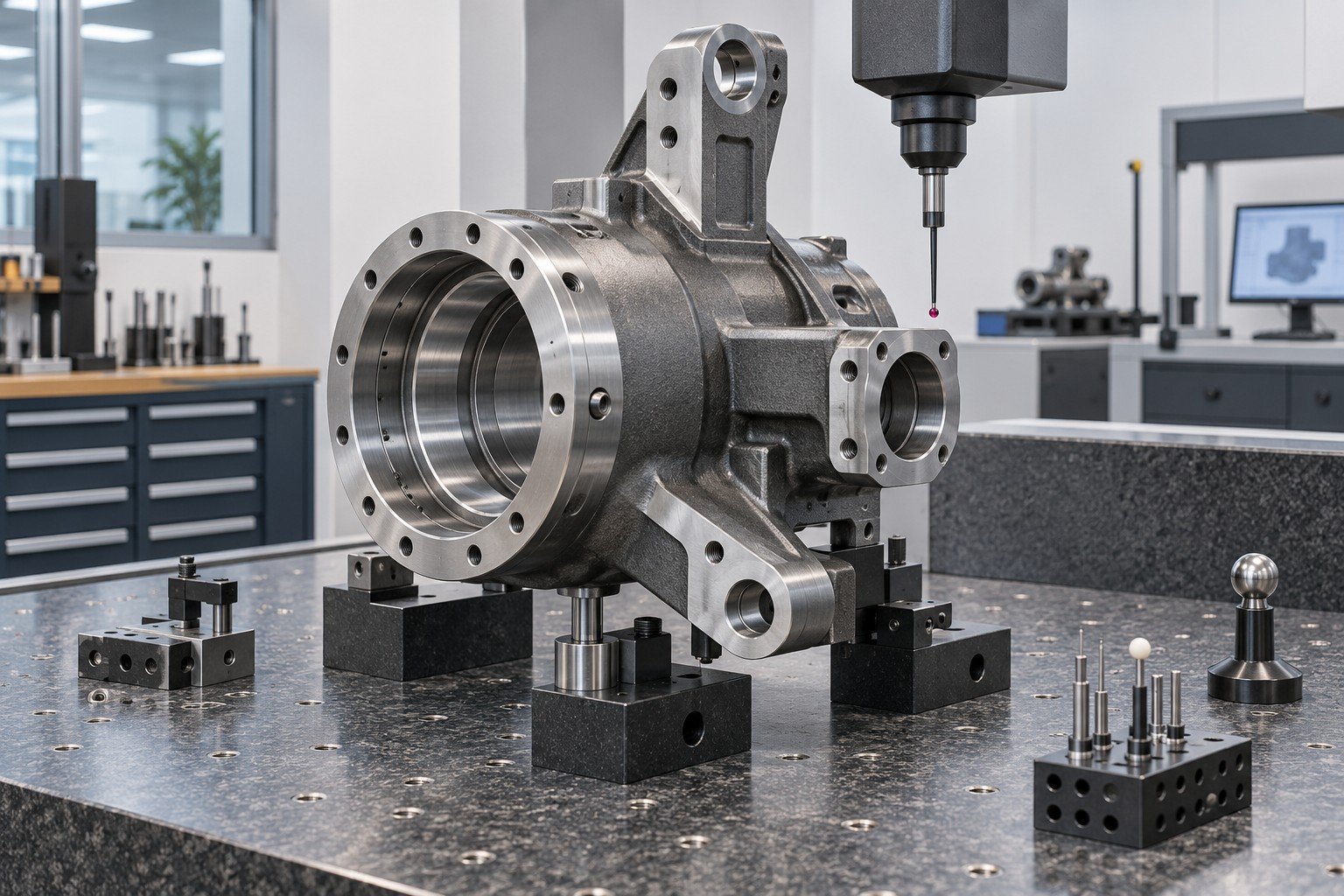 Complex machined steel spindle housing with offset mounting ears and accessible bores