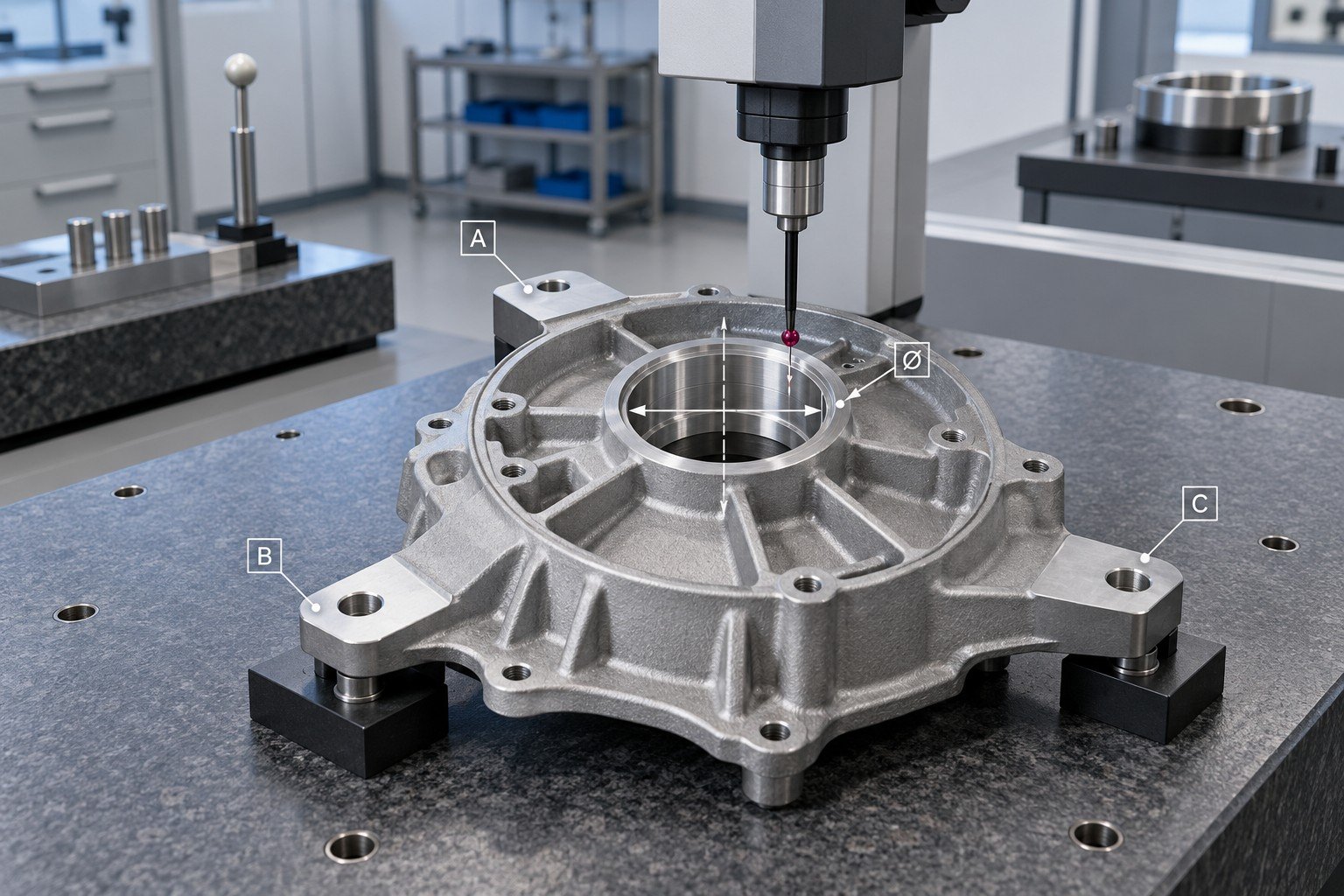 Die cast aluminum motor end shield with machined central bore and three datum pads