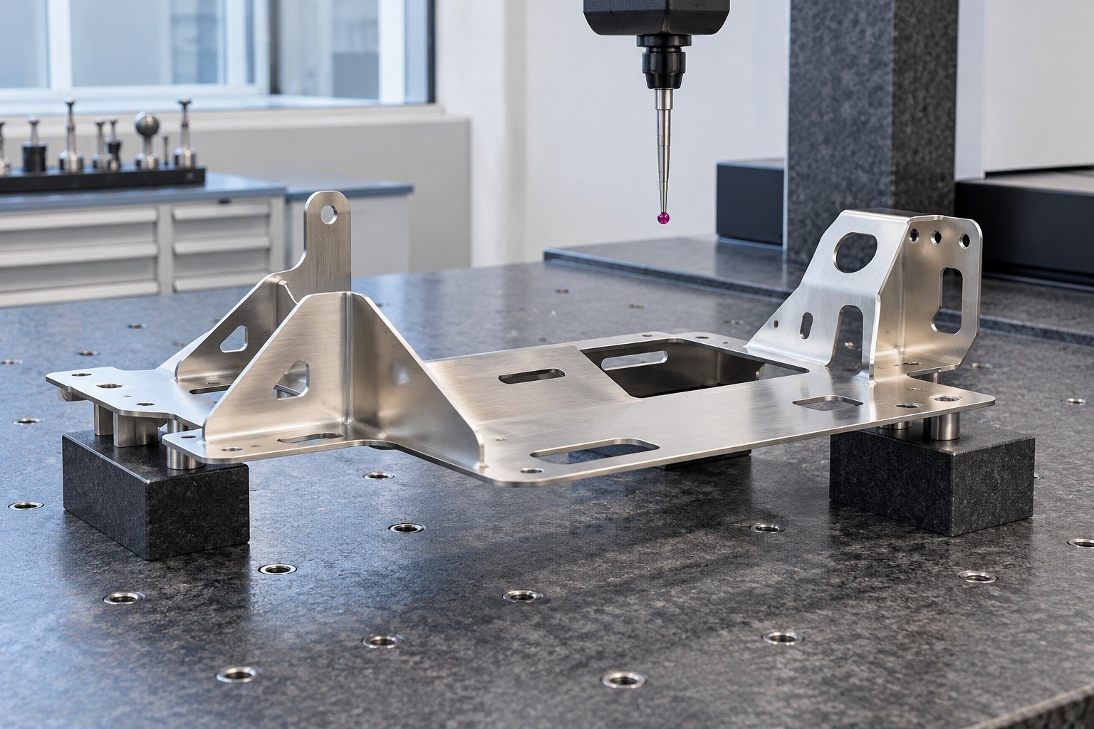 Thin folded stainless bracket resting naturally on low supports