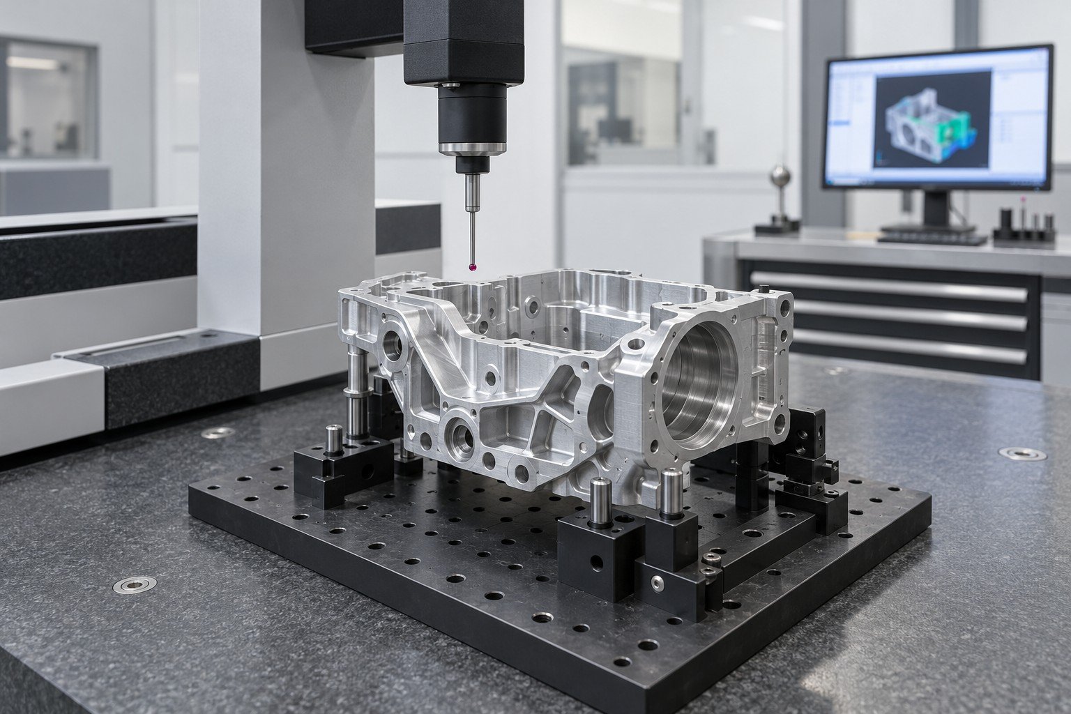 Small aluminum chassis on CMM fixture with simple probe and unreadable monitor