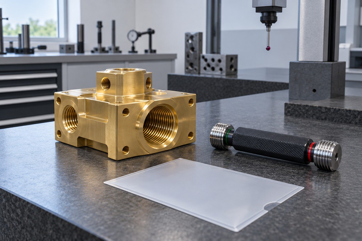 Threaded brass block beside plain gage record sleeve and separated gauge