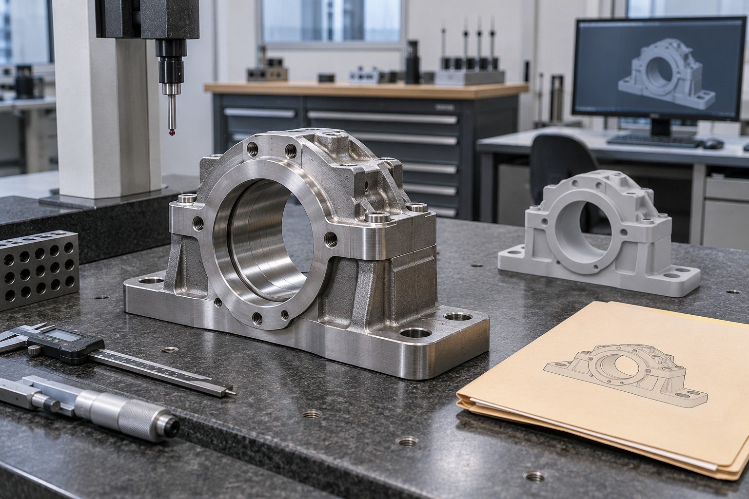 Machined steel bearing mount beside approved-looking reference shape and blank exception folder