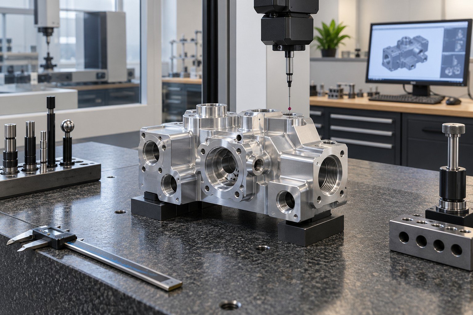 Milled aluminum fluid block with six nonuniform ports on granite review bench