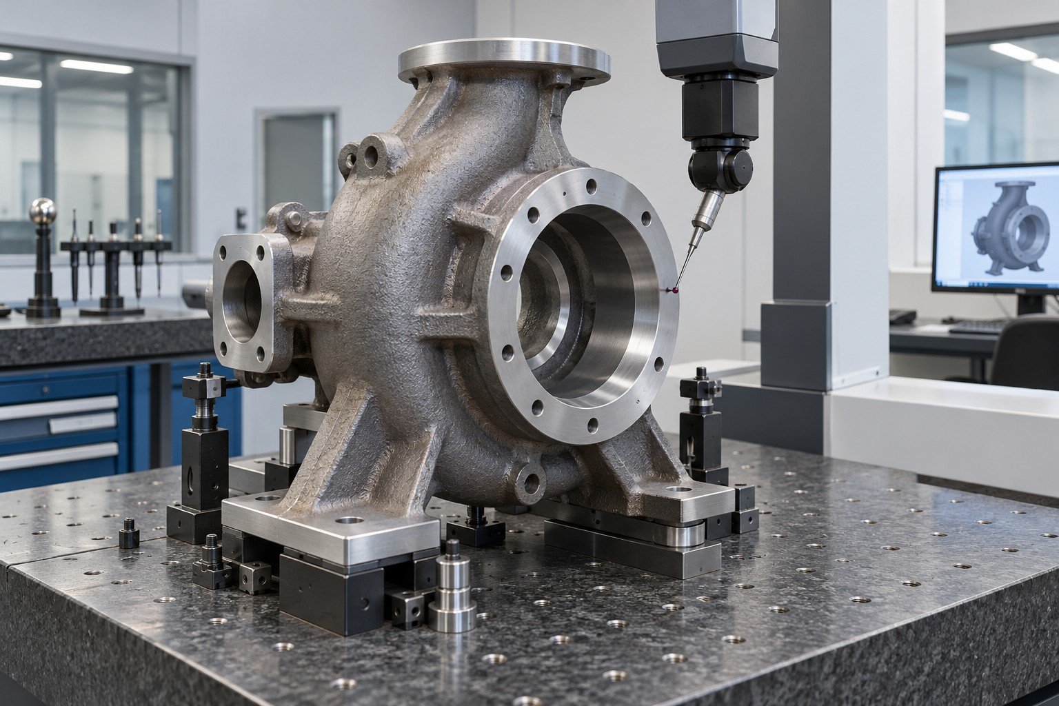 Sand cast pump body with machined bore and flat mounting datums on open fixture