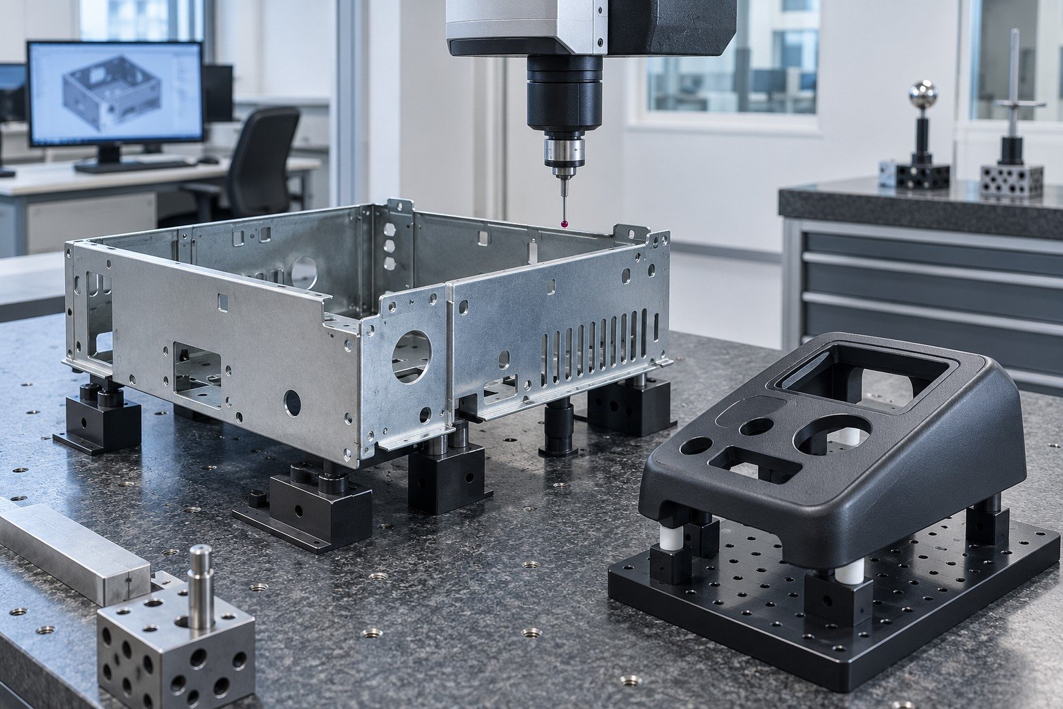 Folded sheet metal enclosure with plastic control cover in separate unstressed supports
