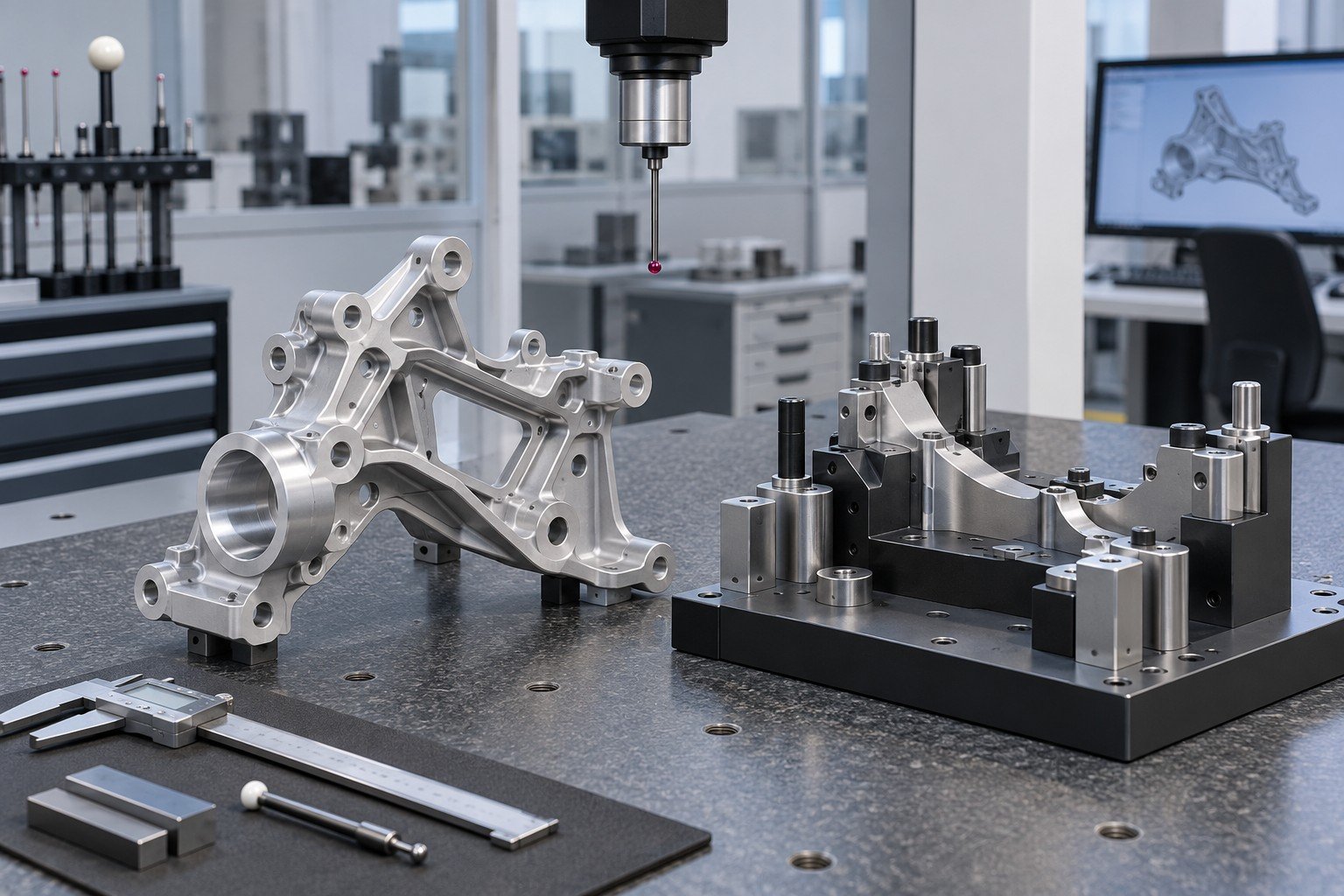 Complex aluminum sensor bracket beside matching datum reference nest