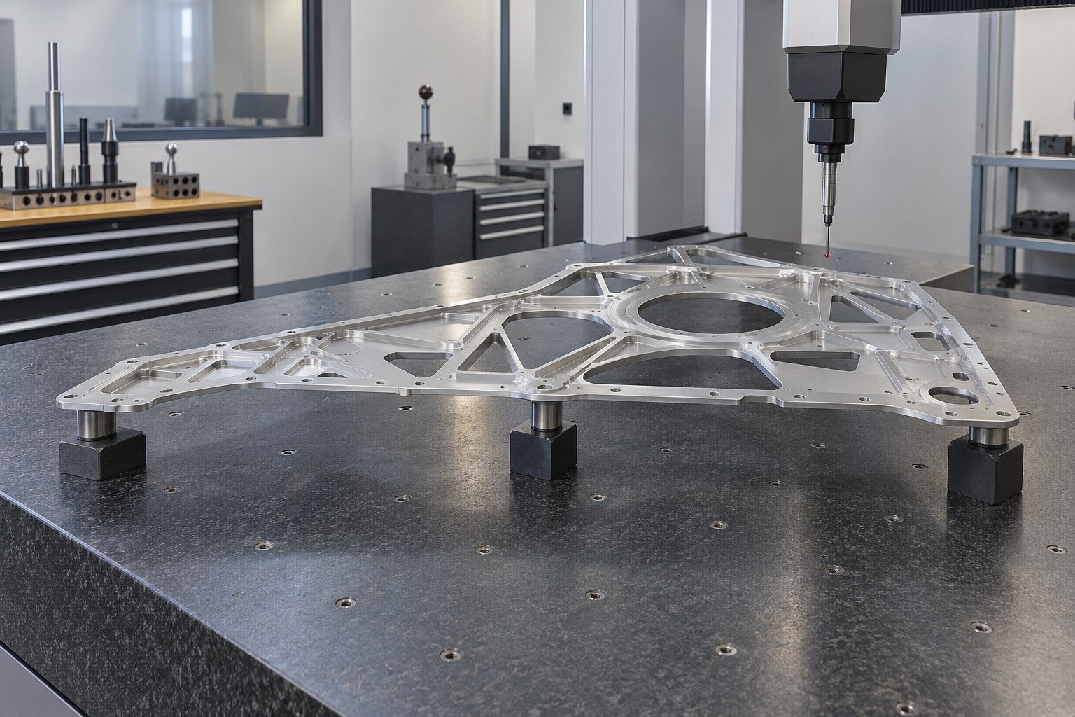 Large thin aluminum plate resting on three supports without bending clamps