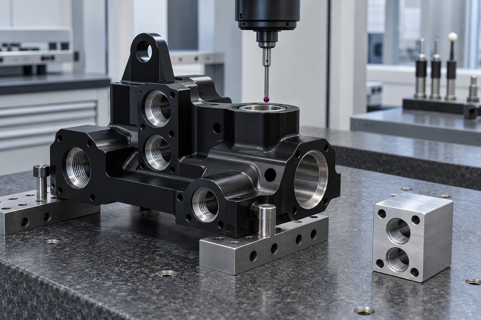 Black anodized valve bracket with protected threaded bores and separate uncoated reference coupon