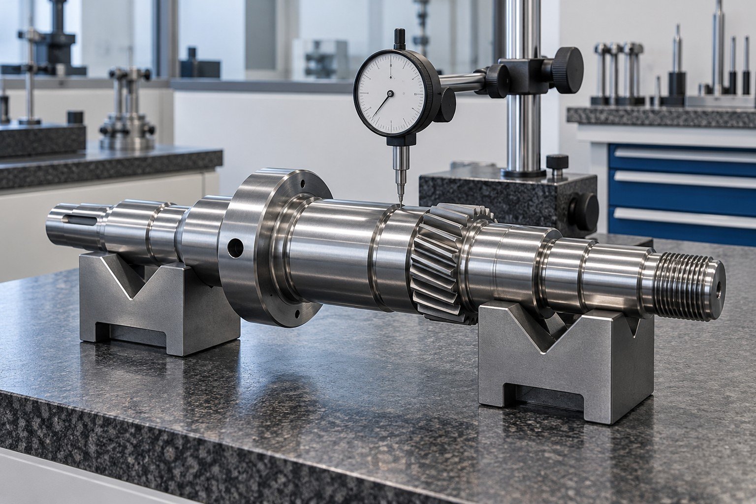 Polished cylindrical shaft on V blocks beside dial gauge with unreadable face