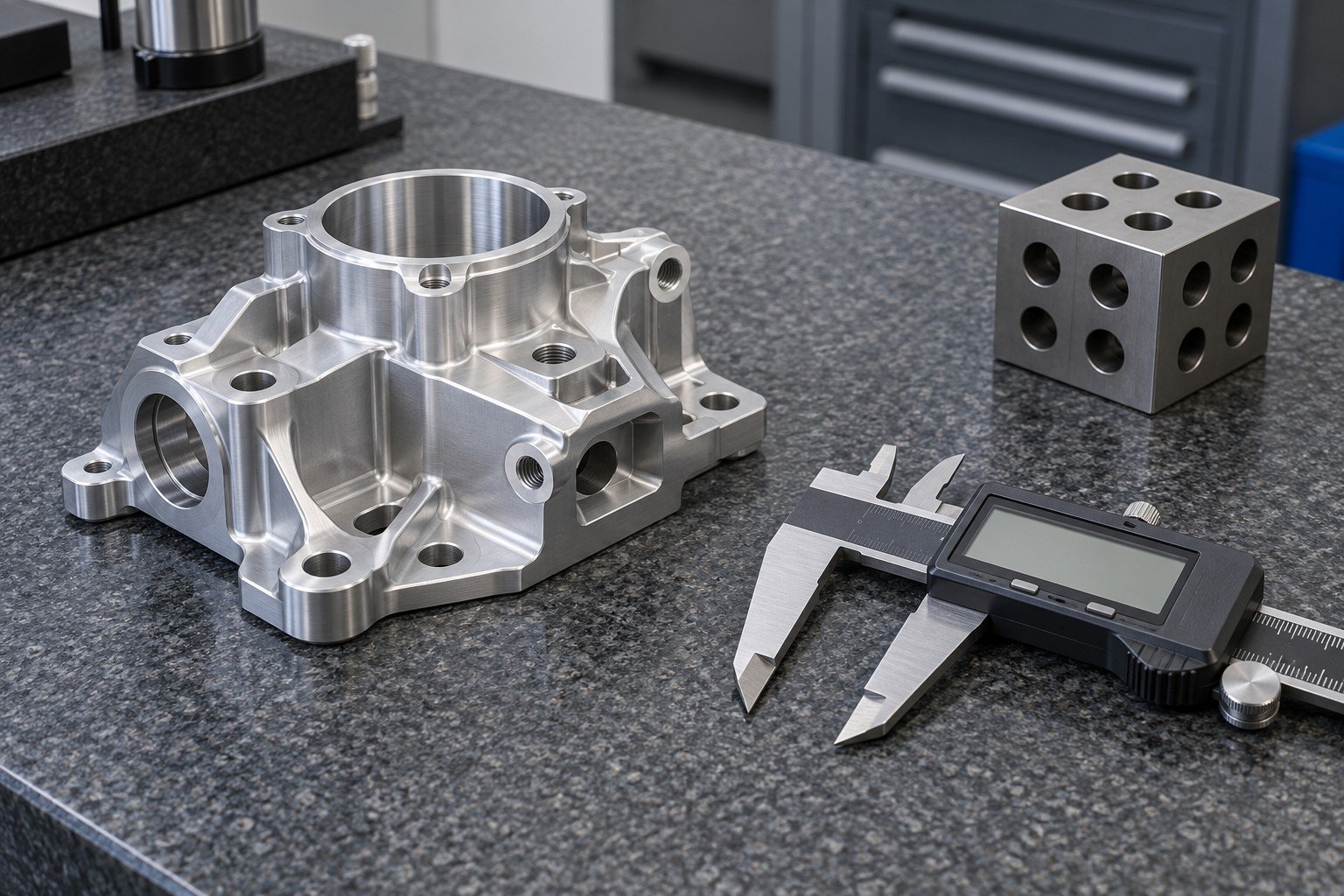 Small milled part beside digital caliper with blank display and separate reference artifact