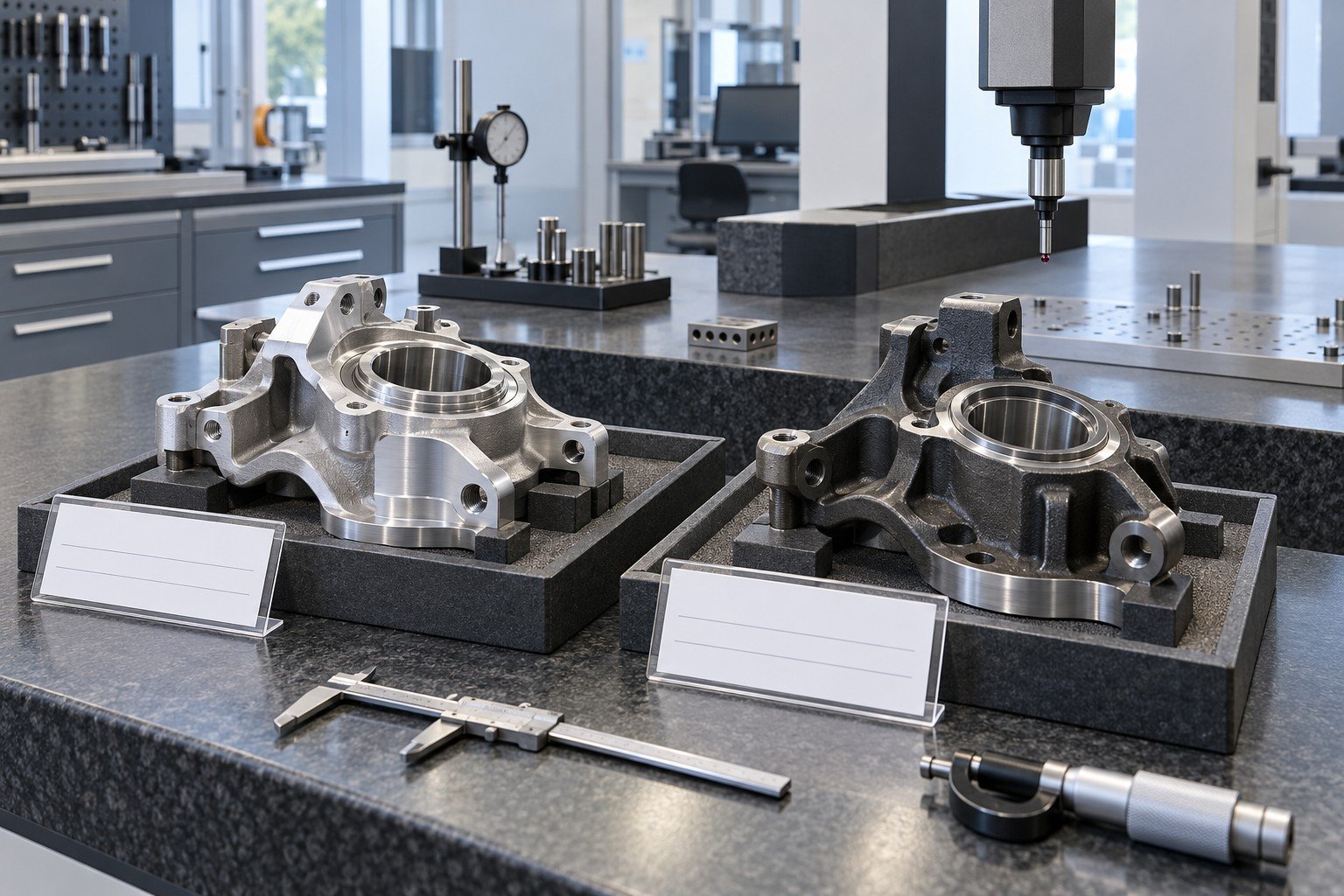 Two distinct stepped bearing carriers in separate sample compartments beside blank revision cards