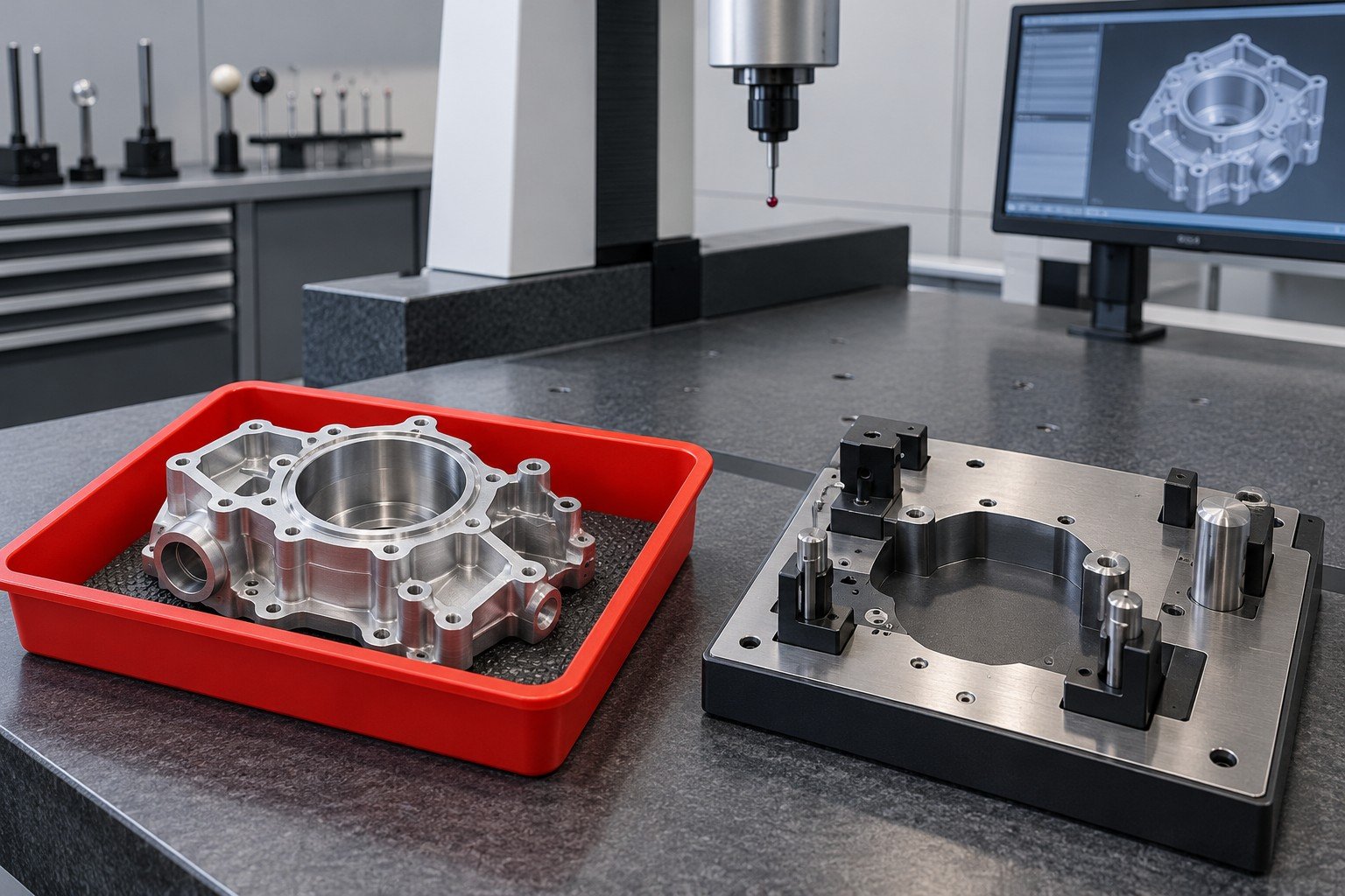Isolated rejected-looking component in dedicated red tray beside separate clean neutral inspection nest