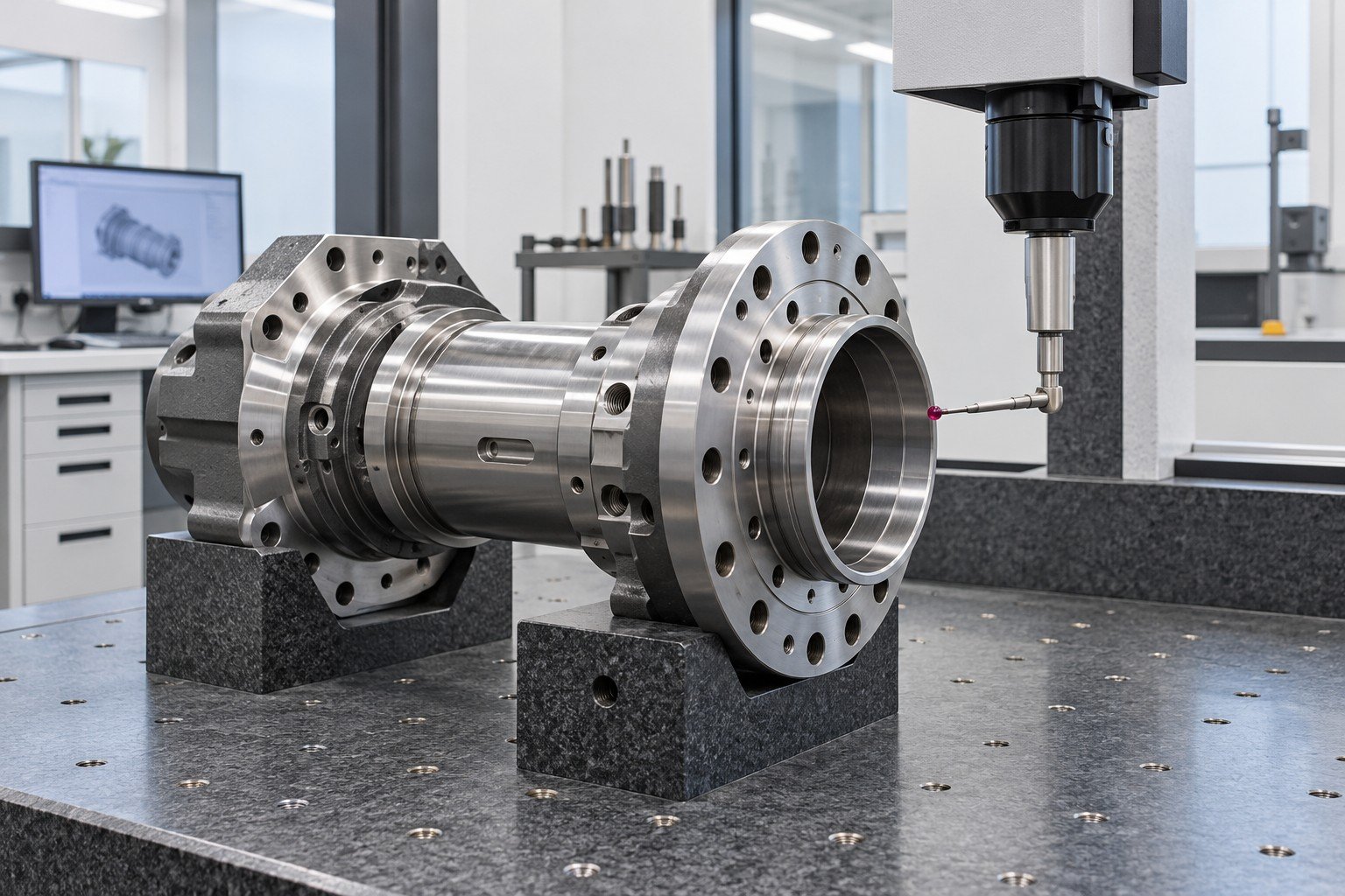 CMM ruby ball probe approaching the open outer cylindrical face of a flanged steel spindle on granite supports
