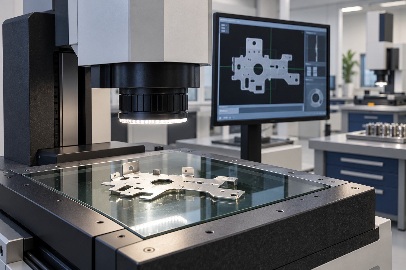 Optical vision measuring machine viewing a thin stamped connector plate on glass stage, abstract unreadable screen
