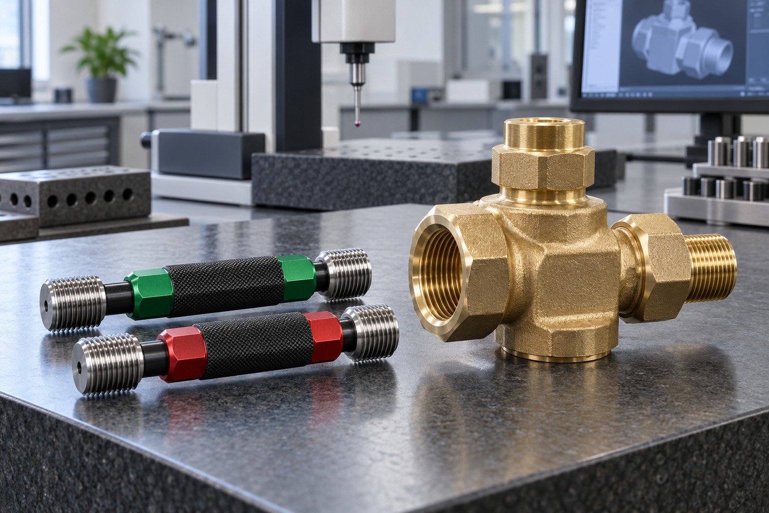 Go and no-go thread plug gauges beside a brass threaded valve union, no readable gauge markings
