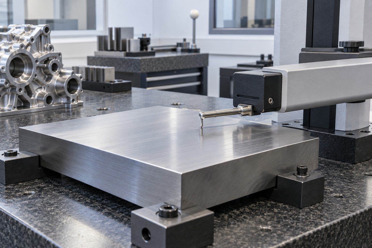 Contact surface roughness instrument stylus on a broad flat machined steel coupon, no visible readings