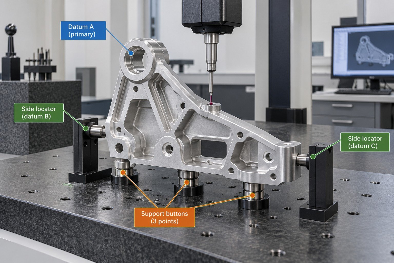 Aluminum structural bracket located on three distinct support buttons and two side locators, access to datum faces
