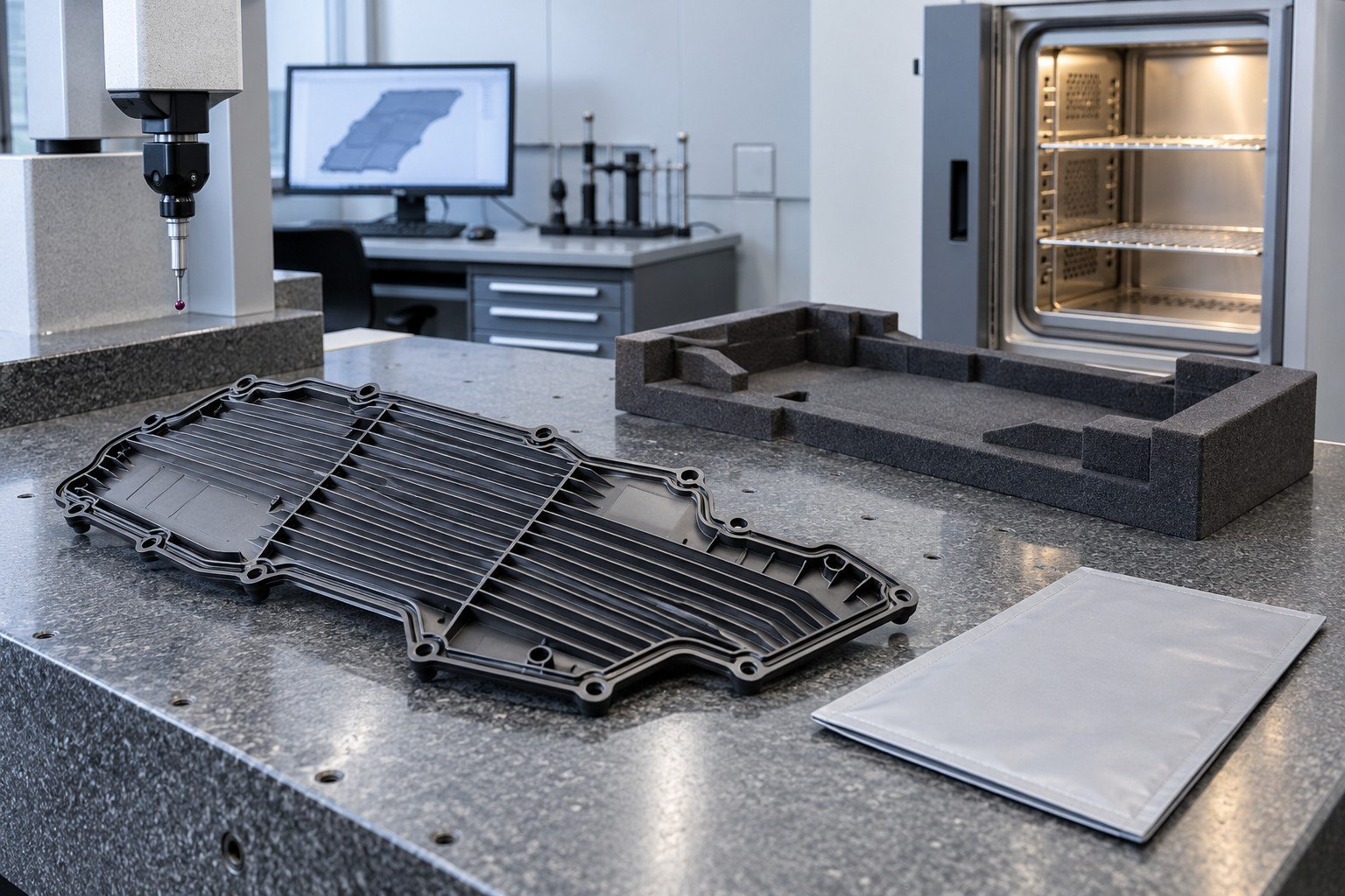 Thin ribbed polymer cover lying unstressed beside separate soft support nest and plain temperature-conditioning folder