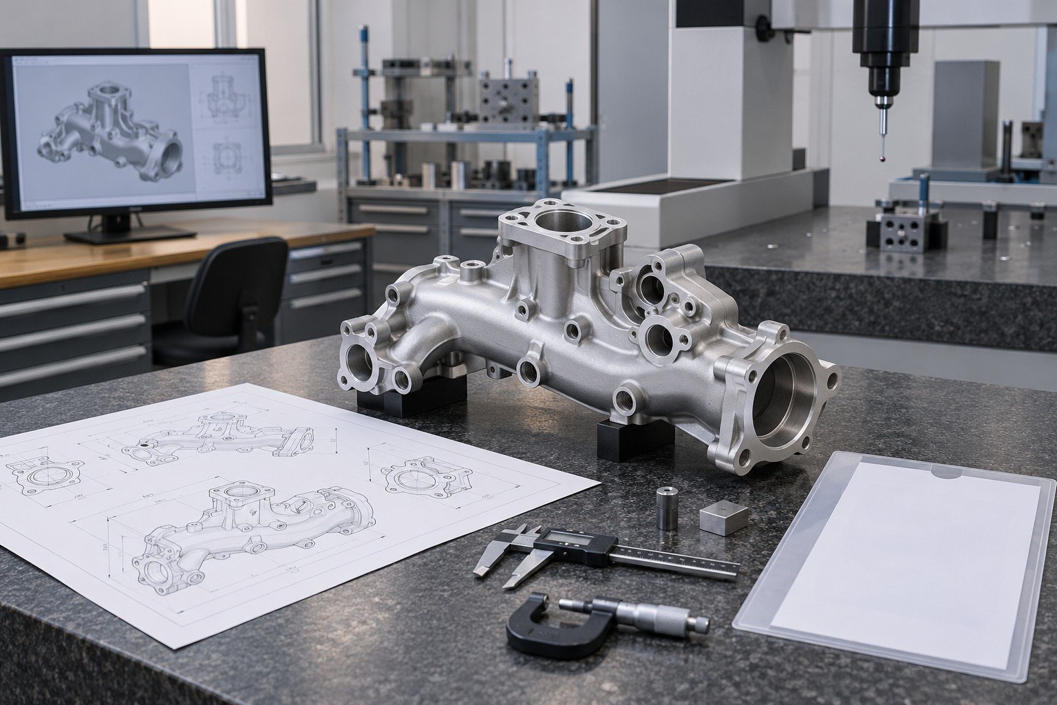 Complex machined manifold with abstract geometric drawing and separate blank report sleeve