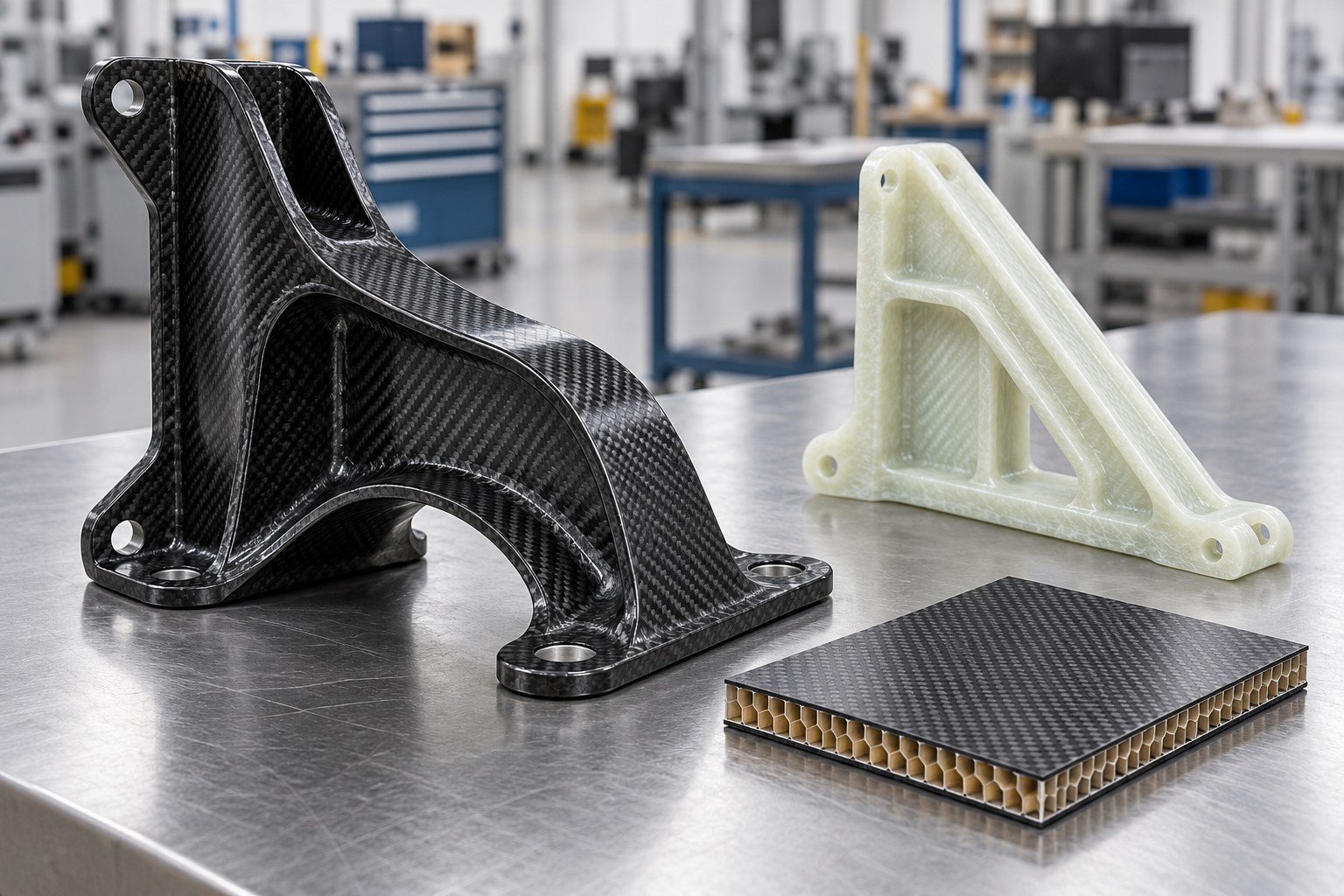 Carbon bracket, glass-fiber stiffener and sandwich panel concepts — illustrative generated concept