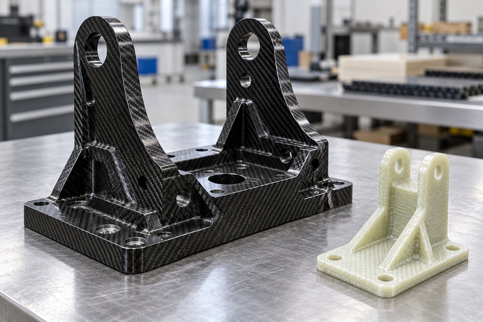 Illustrative carbon-epoxy fixture and glass-fiber bracket concepts; not certified laminate or actual customer parts