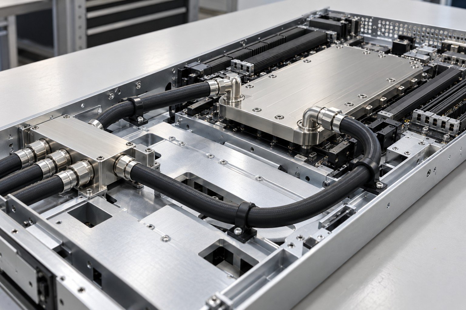 Illustrative supported component loop in a server tray integration fixture concept, not documentary company or customer photography