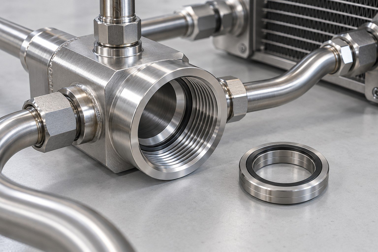 Illustrative ports and sealing faces on a cooling-loop interface component concept, not documentary company or customer photography