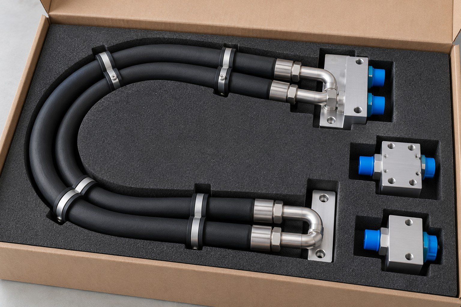 Illustrative protection and handling on a cooling-loop interface component concept, not documentary company or customer photography