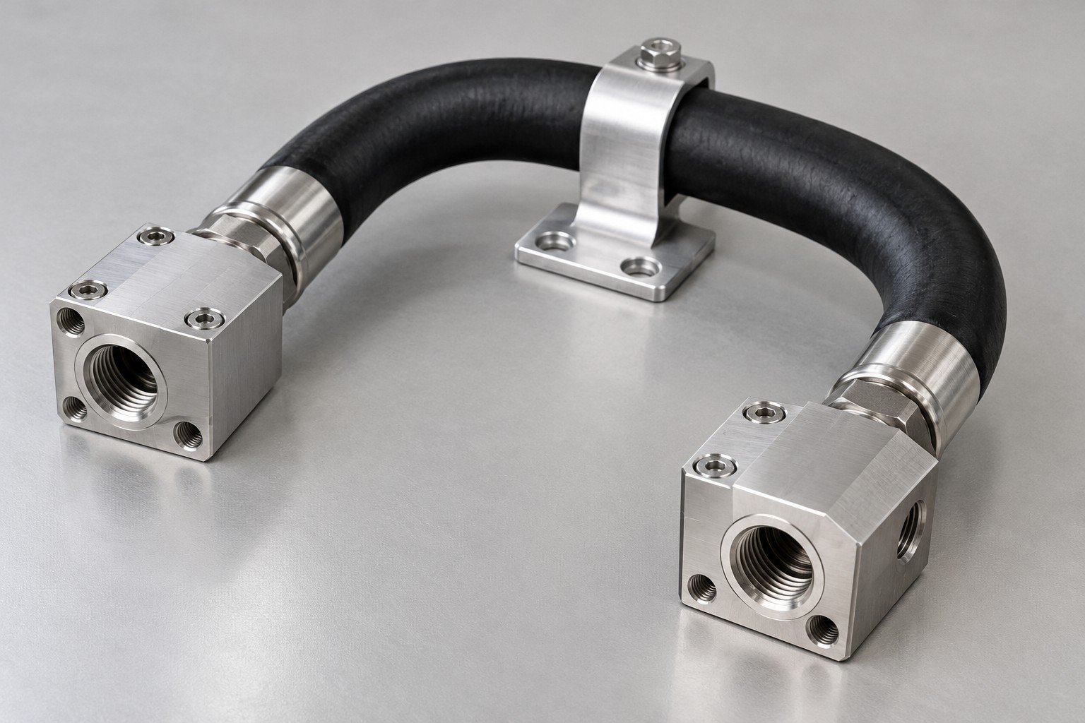 Illustrative page-specific supported hose and machined-adapter loop concept; not a documentary customer part or qualified complete cooling system