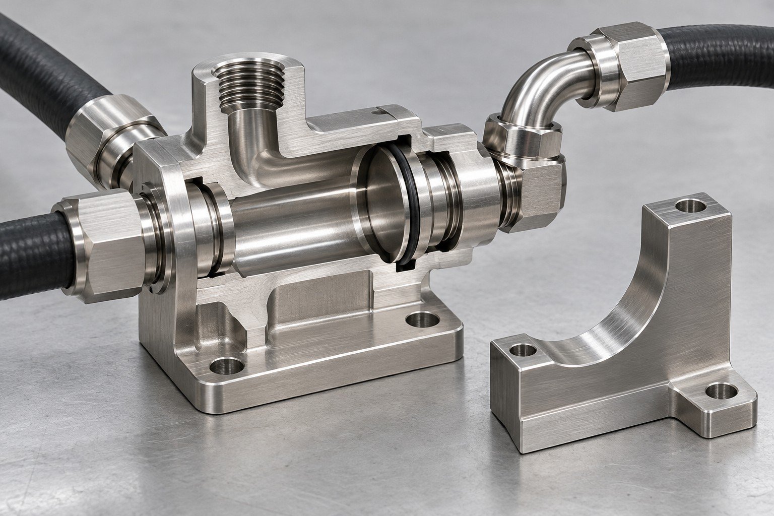 Illustrative sectioned cooling-loop adapter bore, seal land and support concept, not documentary company or customer photography