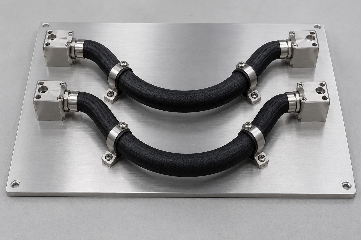 Illustrative routing and restraint review for cooling-loop components concept, not documentary company or customer photography