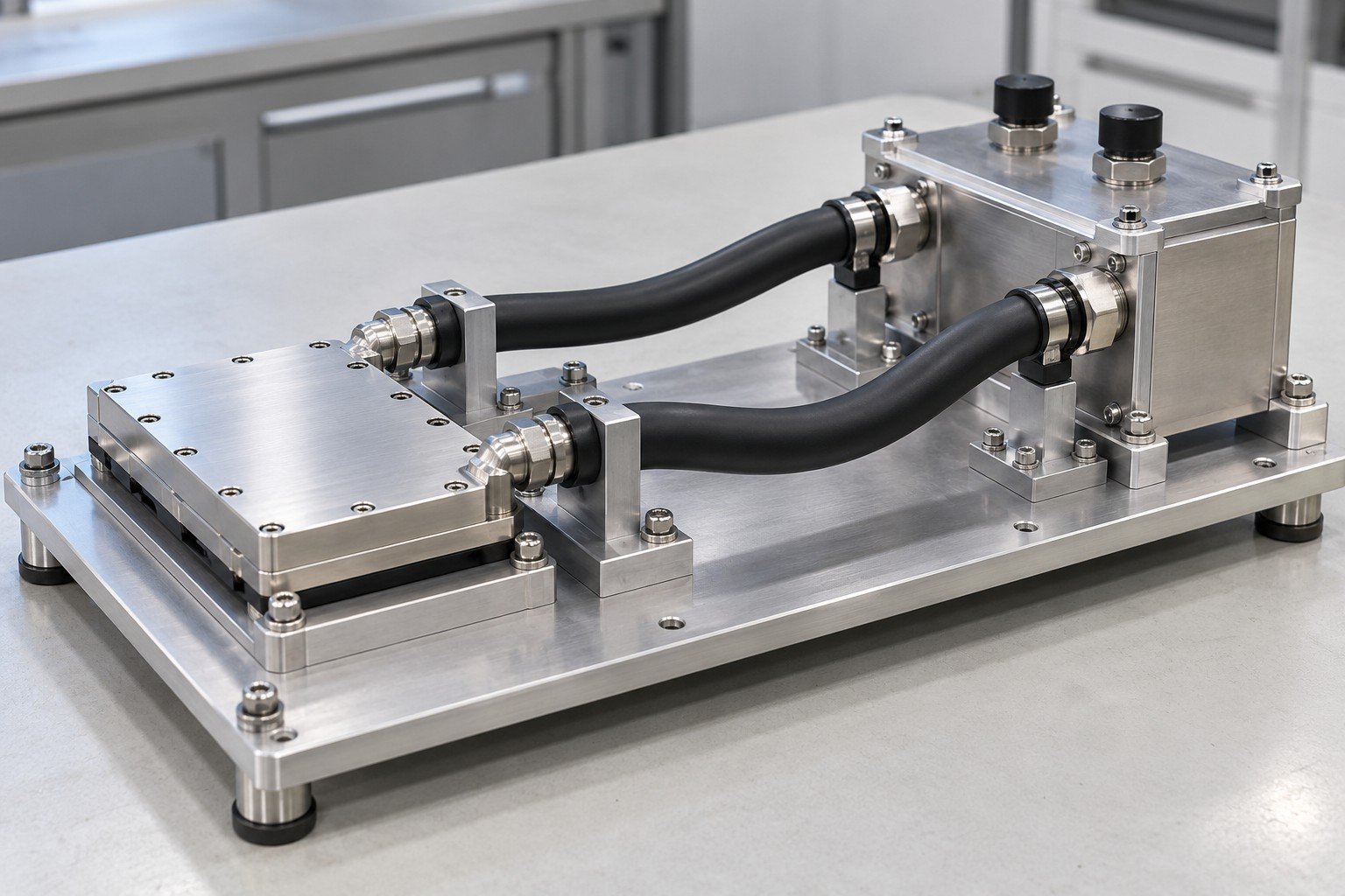 Illustrative leak and pressure checks review for cooling-loop components concept, not documentary company or customer photography